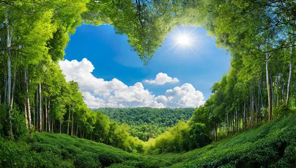 Thick and lush trees form a heart shape through which you can see the beautiful blue sky, summer day, forest, bottom up