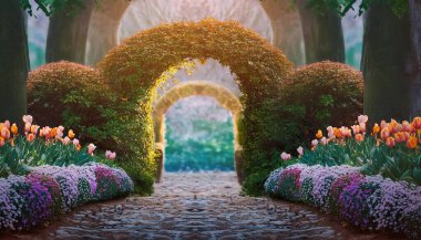 Step into a mesmerizing secret fairytale garden, where vibrant flower arches and lush greenery create an enchanting atmosphere. This digital painting invites you to explore natures beauty and magic. clipart