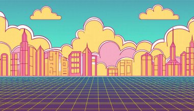 Bu çarpıcı soyut görüntü bulutları ve gökyüzünü gösteriyor doğal arka plan, retrowave şehri pop tarzıyla doldurulmuş. Modern siber punk elementleri izleyicileri cezbeden canlı, fütüristik bir atmosfer yaratıyor..