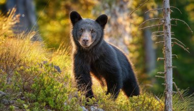 Whistler, BC, Kanada 'nın nefes kesici dağlarında gezinen genç bir kara ayının büyüleyici görüntüsü. Ayı yemyeşil ile çevrili, arka planda karlı zirveler var..