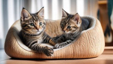 Güneşli bir odada rahat bir kanepede uzanan iki tekir kedi yavrusu dostça bağlarını ve neşeli ruhlarını yakalıyorlar..                                                              