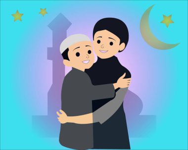 Hilal ay ve camii olan Müslüman çocuk, vektör çizimi