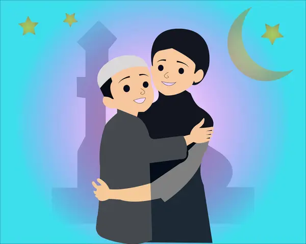 Hilal ay ve camii olan Müslüman çocuk, vektör çizimi