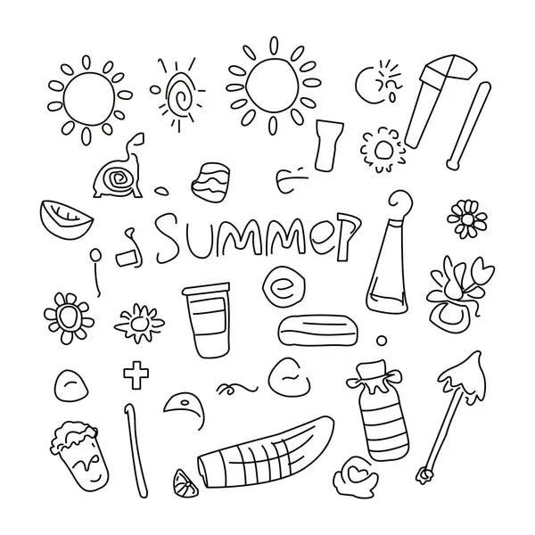 Yaz elementlerini tasvir eden el çizimi siyah ve beyaz karalamalar: güneş ışığı, plaj topu, dondurma ve güneş gözlüğü. İçinde karpuz dilimi, plaj şemsiyesi, deniz kabuğu ve çiçekler var.. 