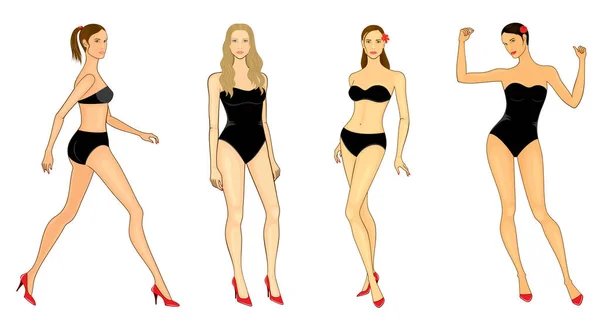 Vector Set Fashion Women Multiple Poses Swimsuit Isolated White Background — Vector de stock