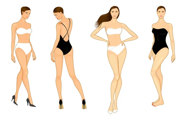 Mode Vektor Illustration Kontur Poserar Unga Flickor Badkläder Och Bikini — Stock vektor