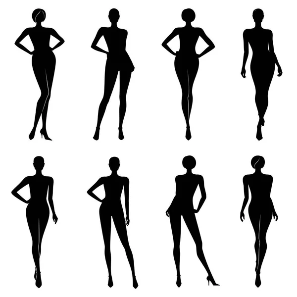 Vektor Készlet Női Test Sziluettek Különböző Pózok Fekete Színű Elszigetelt Stock Illusztrációk