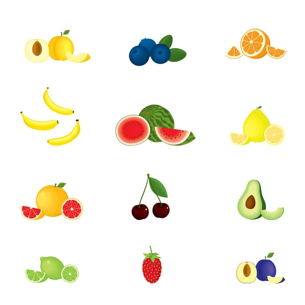 Vektorová Ilustrace Sady Tropického Ovoce Bobulí Celé Nasekané Barvě Izolované — Stockový vektor