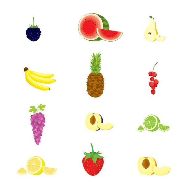 Illustrazione Vettoriale Insieme Frutta Bacche Tropicali Varie Fresche Intere Tagliate — Vettoriale Stock