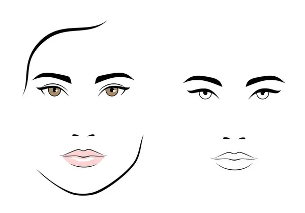Vector Set Outline Female Face Portrait Frontal View Isolated Illustration — Stock Vector