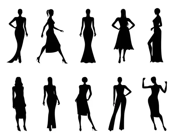 さまざまなファッショナブルなドレスとさまざまなポーズで女性のベクトルセット 黒の色で ホワイトバックグラウンドでのファッションイラスト — ストックベクタ