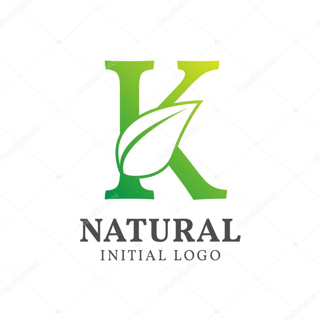 Letter K with leaf natural initial vector logo design