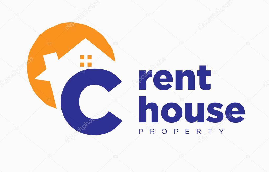 Letter C house and sun vector design element for real estate logo or realty exhibition
