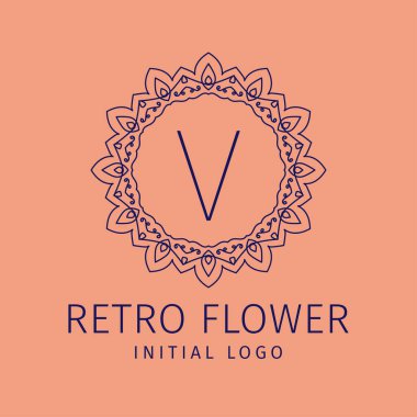 V harfli retro çiçek ilk vektör logosu tasarımı