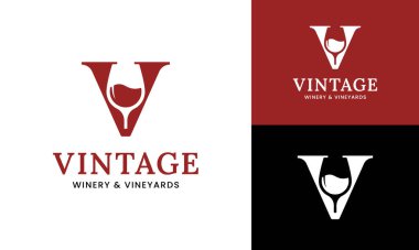 V harfli şarap kadehi logosu tasarım şablonu. Bar Restoranı Cafe Şaraphanesi, Pub Club İşletme Markası Logosu Tasarımı İçin Uygun.