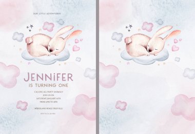 Watercolor hand drawn illustration of a cute baby bunny rabbit sleeping on the moon and the cloud. Baby Shower Theme Invitation birthday Template.
