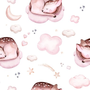 Watercolor pattern for children with sleeping baby deer. baby fabric, poster pink with beige and blue clouds, moon, sun. Nursery kitty print illustration textile.