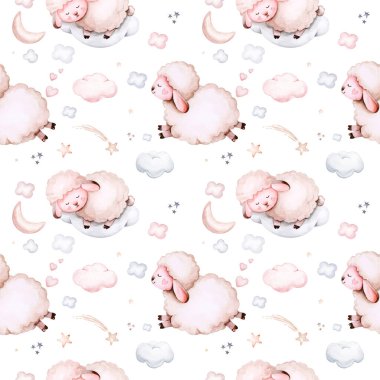Watercolor pattern for children with sheep. print for baby fabric, poster pink with beige and blue clouds, moon, sun. Nursery print illustration textile.
