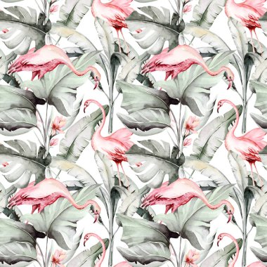 Tropical watercolor birds hummingbird, monkey and jaguar, exotic jungle plants leaves flowers, flamingo pastel color seamless fabric background.