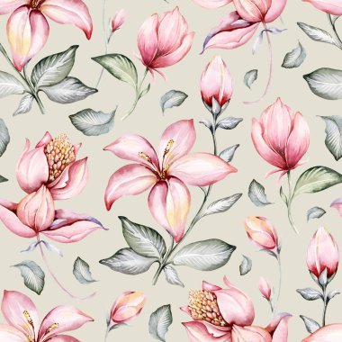 Tropical watercolor birds hummingbird, monkey and jaguar, exotic jungle plants leaves flowers, flamingo pastel color seamless fabric background.