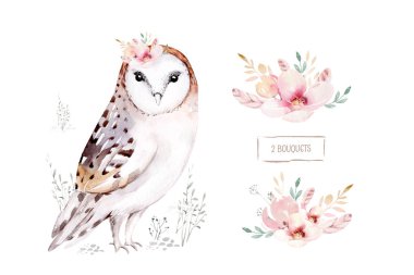 Woodland suluboya şirin hayvanlar bebek baykuş. İskandinav baykuşları orman kreşinin poster tasarımında. İzole edilmiş tüzük.