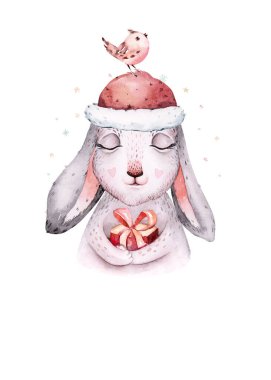 Watercolor new year baby bunny portrait illlustration oster. Merry Christmas postcard cute cartoon rabbit in floral wreath. symbol of the year 2023.
