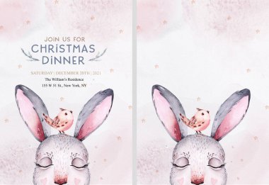 Watercolor new year baby bunny portrait illlustration oster. Merry Christmas postcard cute cartoon rabbit in floral wreath. symbol of the year 2023.