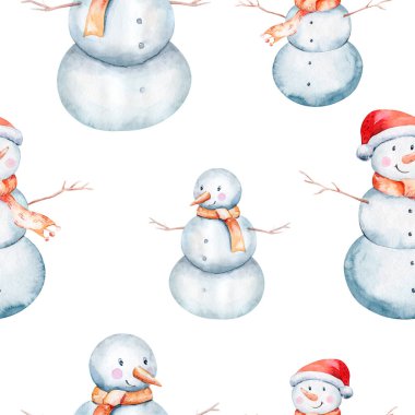Watercolor Merry Christmas illustration with snowman, christmas tree, santa holiday invitation. Christmas gift celebration cards. Winter new year design