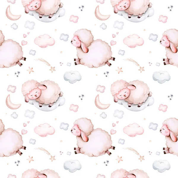 Watercolor Pattern Children Sheep Print Baby Fabric Poster Pink Beige — Stok fotoğraf