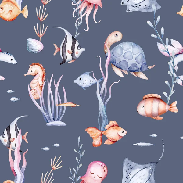 Набір Морських Тварин Блакитна Акварельна Океанічна Риба Черепаха Кит Корали — стокове фото
