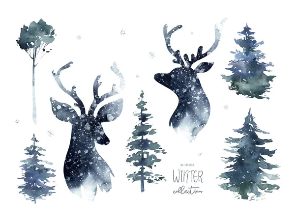 有鹿头的水色冬季森林 山中松树冷杉的圣诞树景观 手绘隔离在白色背景上 — 图库照片