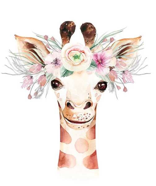 Poster Alla Moda Con Una Giraffa Acquerello Cartone Animato Giraffa — Foto Stock