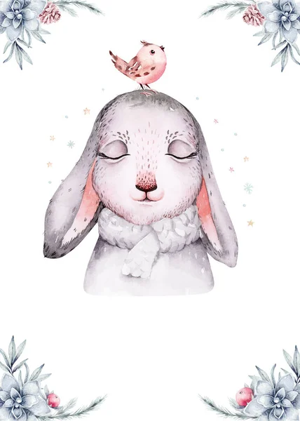 Watercolor New Year Baby Bunny Portrait Illlustration Oster Merry Christmas — Zdjęcie stockowe
