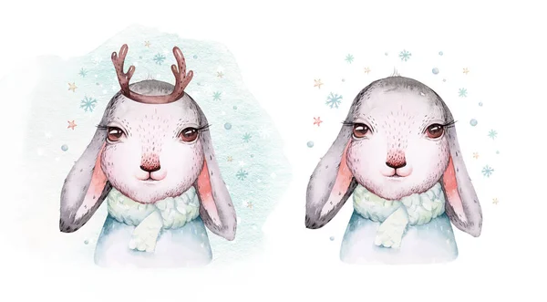 Watercolor New Year Baby Bunny Portrait Illlustration Oster Merry Christmas —  Fotos de Stock