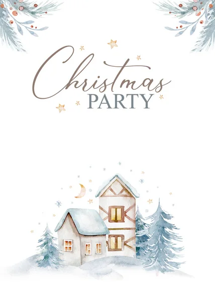 Watercolor Merry Christmas Illustration Snowman Christmas Tree Santa Holiday Invitation — Stock Photo, Image