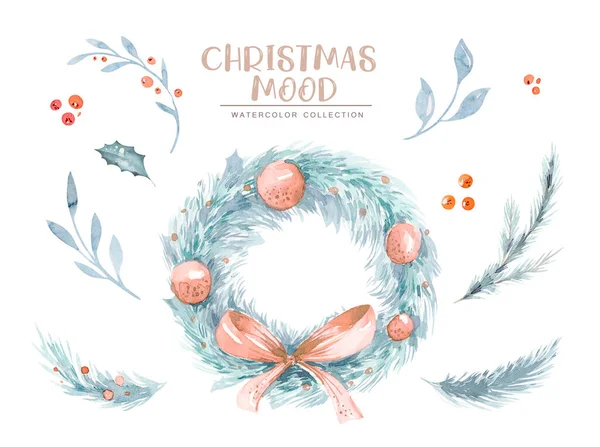 Watercolor Merry Christmas Illustration Snowman Christmas Tree Santa Holiday Invitation — Stok fotoğraf