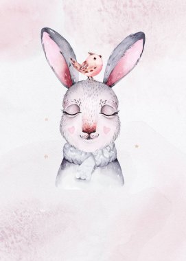 Watercolor new year baby bunny portrait illlustration oster. Merry Christmas postcard cute cartoon rabbit in floral wreath. symbol of the year 2023.