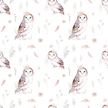 Woodland suluboya şirin hayvanlar bebek baykuş. İskandinav baykuşları orman kreşinin poster tasarımında. İzole edilmiş tüzük.