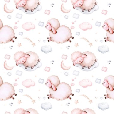 Watercolor pattern for children with sheep. print for baby fabric, poster pink with beige and blue clouds, moon, sun. Nursery print illustration textile.