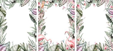 Tropical watercolor birds hummingbird, monkey and jaguar, exotic jungle plants leaves flowers, flamingo pastel color seamless fabric background.