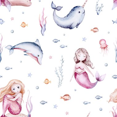 Watercolor sea pattern with mermaids, corals, seahorse. backgroud for children's room design and textiles with submarine seaweed, unicorn-fish, fish and jellyfish