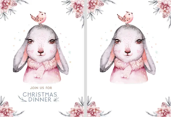 Watercolor New Year Baby Bunny Portrait Illlustration Oster Merry Christmas — Foto de Stock