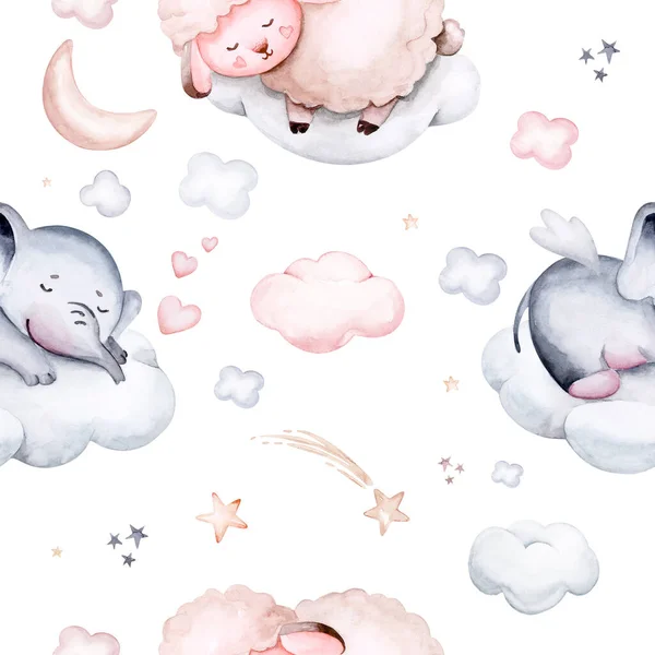 Watercolor Pattern Children Sheep Print Baby Fabric Poster Pink Beige — Stockfoto