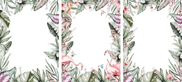 Tropical watercolor birds hummingbird, monkey and jaguar, exotic jungle plants leaves flowers, flamingo pastel color seamless fabric background.
