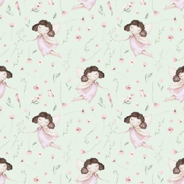 Peri ve Çiçekler suluboya, dikişsiz kız çocuk odası deseni. Çizgi film pembe sihirli kız bebek geçmişi. Sadık tekstil sanatı.