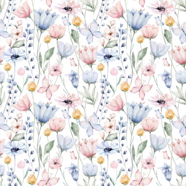 Soyut mavi çiçekler ve yapraklarla kusursuz bir çiçek deseni. Kırsal vintage tarzı, tekstil veya duvar kağıtları arka planında suluboya renkli baskı.