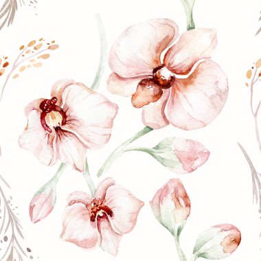 Bir dizi suluboya illüstrasyon Tropikal Orkide. İzole bir illüstrasyon. Egzotik çiçek. Yaz tropik çiçekleri. Moda kumaşı.