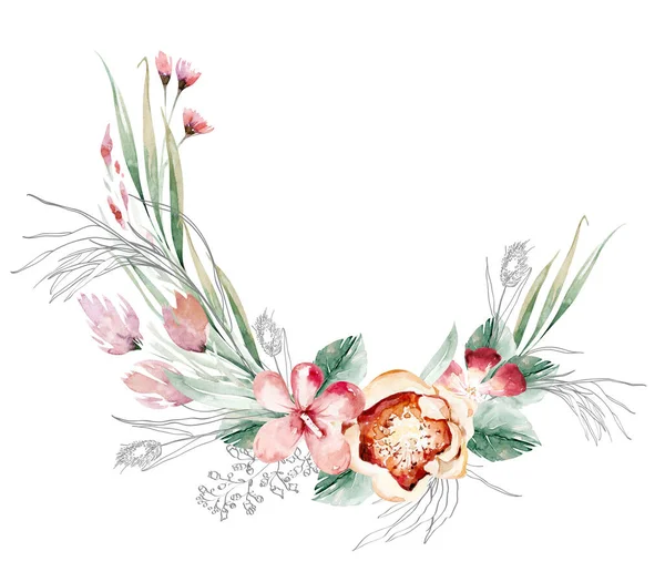 Акварельний Квітковий Вінок Богемський Природний Каркас Листя Пір Квіти Ізольовані — стокове фото
