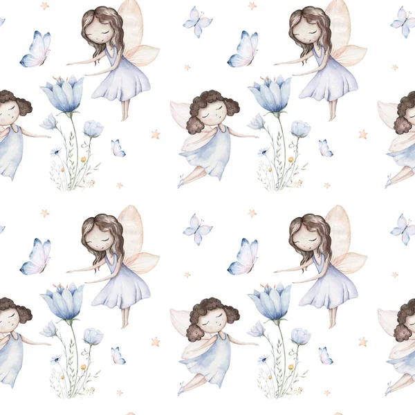 Fairy and Flowers watercolor seamless girls nursery pattern. Cartoon pink magic girl baby background. Faitytale textile art.