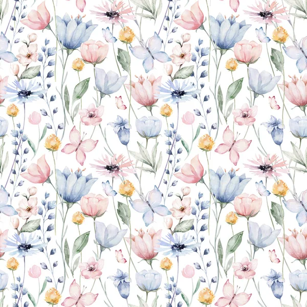 Padrão Floral Sem Costura Com Flores Folhas Rosa Azul Abstratas — Fotografia de Stock
